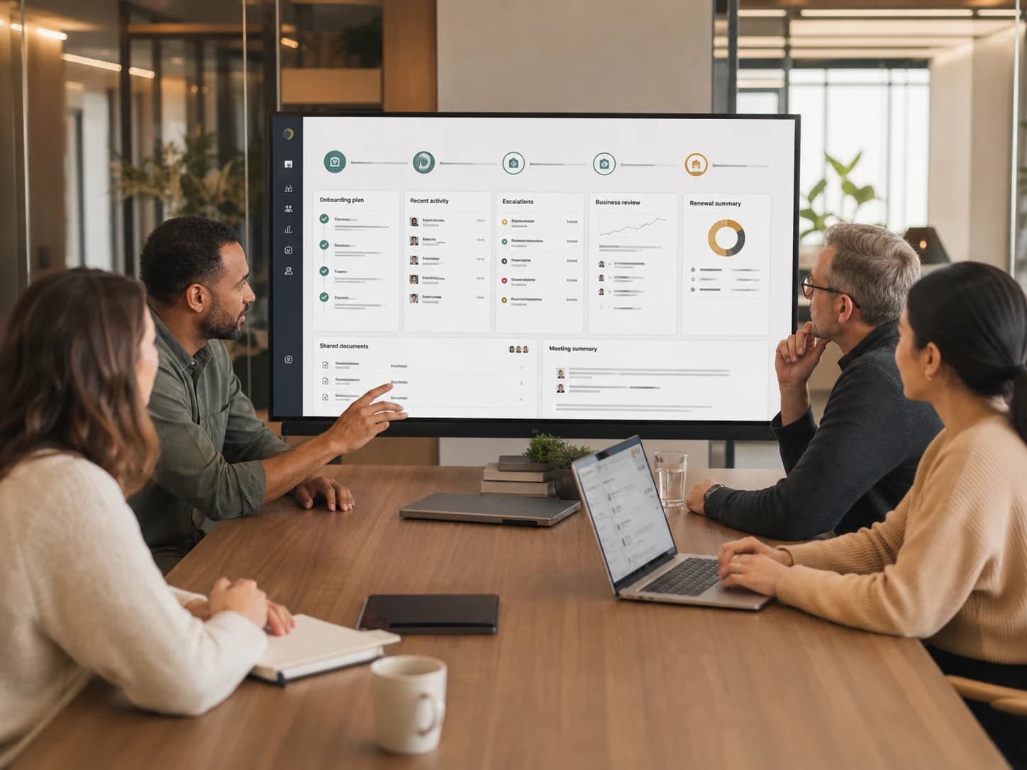 A customer workspace with onboarding, escalation, review topics, and shared documents